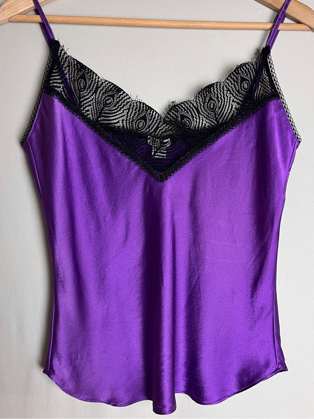 Christine Vancouver 100% Silk Cami Purple Peacock Feather Lace Bias Cut S
